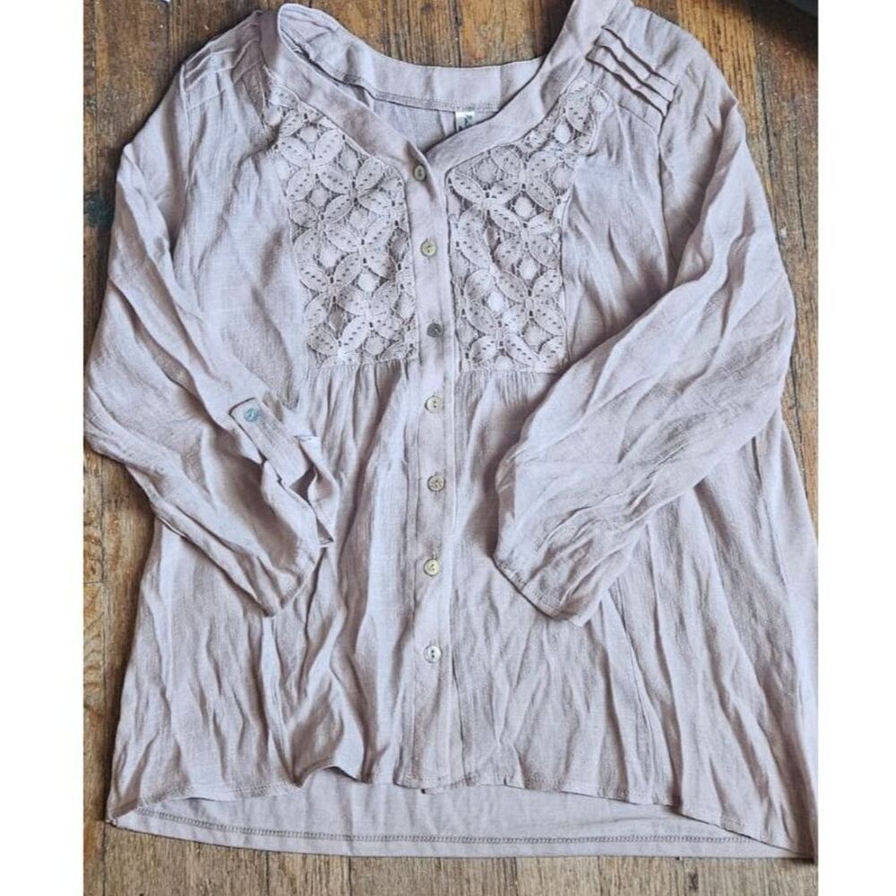Perception Concept 3/4 Sleeve Taupe Lace Accent Blouse size medium